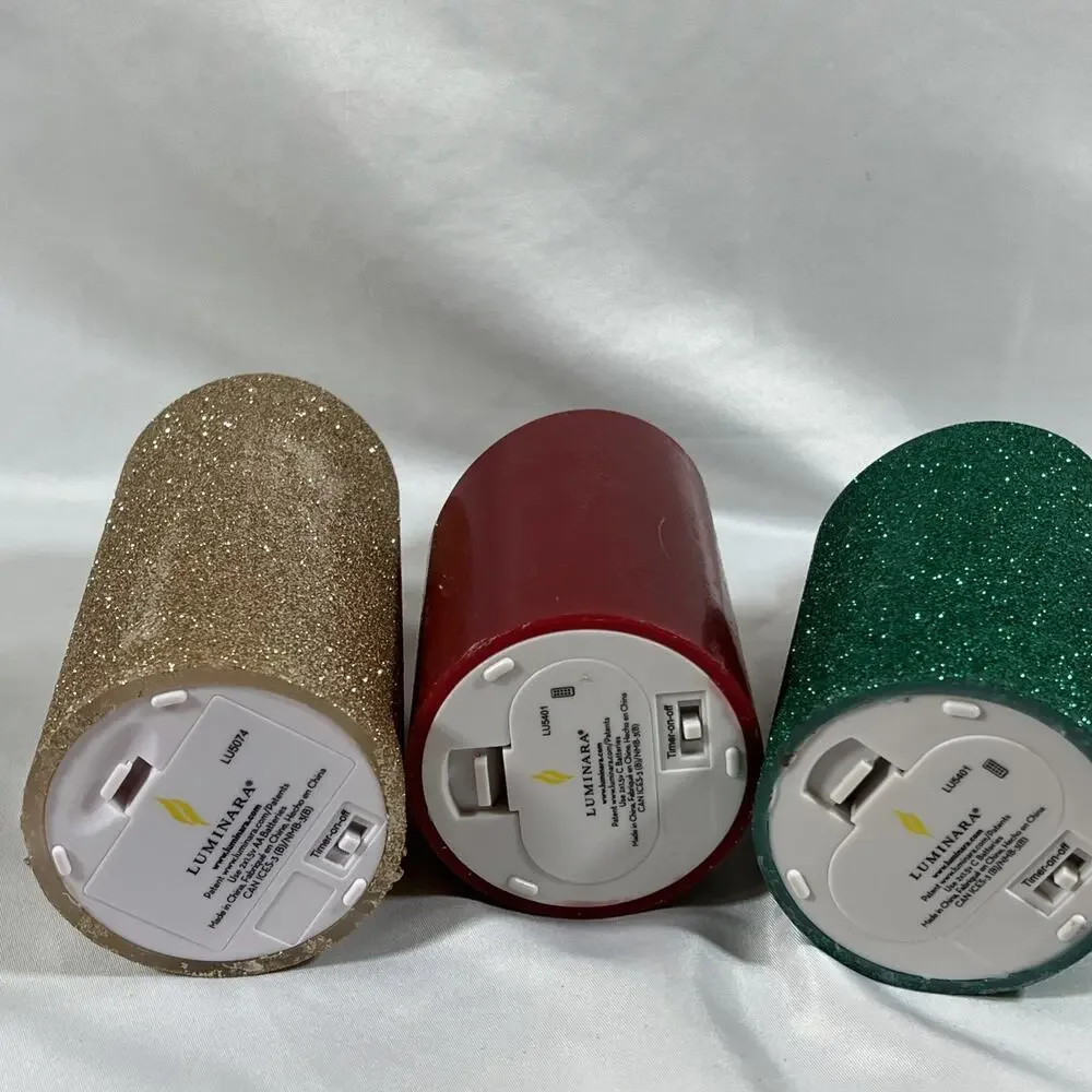Lot of 3 Luminara Candles Christmas Gold Green Glitter Red Remote 4-10hr Timer